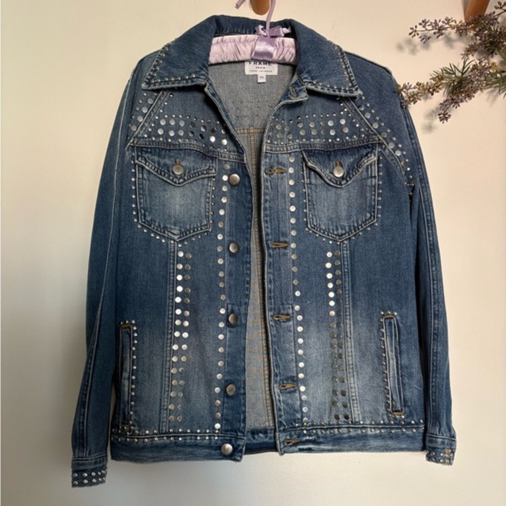 Oversized Designer Frame Denim Jacket with Silver Studs-XS $449